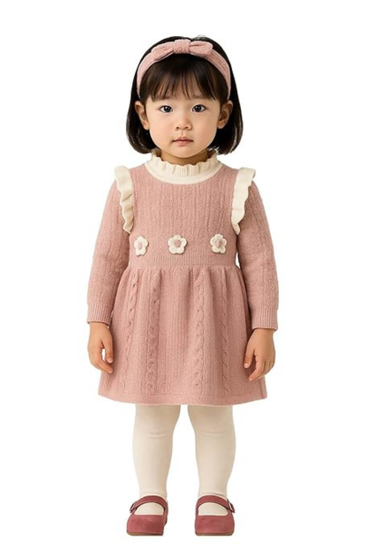 Toddler Girl Knit Sweater Dress - Long Sleeve Pink Cable Knit Woolen Dress with Ruffle Shoulders, Ruffled Collar, and 3D Flower Appliqus - Fall Winter Clothes