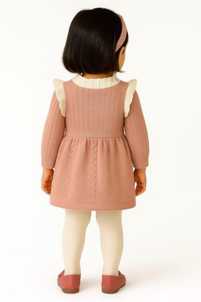 Toddler Girl Knit Sweater Dress - Long Sleeve Pink Cable Knit Woolen Dress with Ruffle Shoulders, Ruffled Collar, and 3D Flower Appliqus - Fall Winter Clothes
