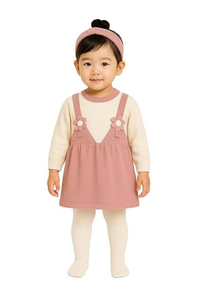 Toddler Girl Knit Pinafore Sweater Dress - Long Sleeve Two-Tone Pullover Dress with Faux Straps and 3D Flower Appliqus - Warm Autumn Winter Outfit