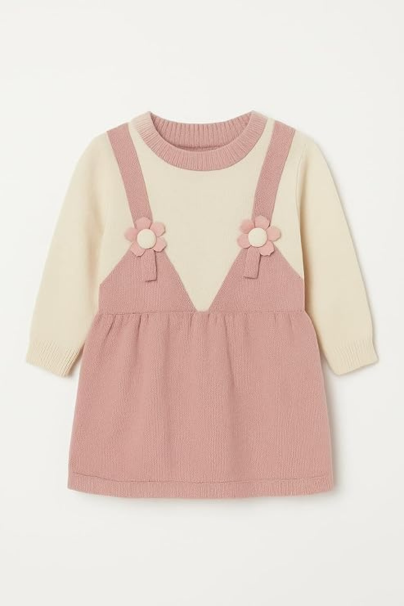 Toddler Girl Knit Pinafore Sweater Dress - Long Sleeve Two-Tone Pullover Dress with Faux Straps and 3D Flower Appliqus - Warm Autumn Winter Outfit