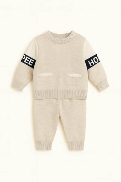 Mickey Mouse Baby Woolen Set — Light Beige Knit Sweater + Pants, Cozy Winter Wear, Elastic Waist, Soft for Newborns & Toddlers