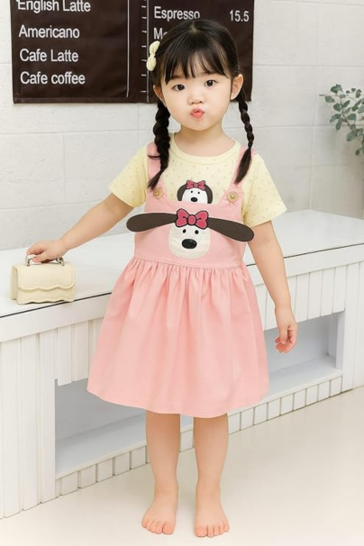 Baby Girl Cotton Dress with Polka Dot T-Shirt & Pink Pinafore – Toddler Outfit with Cute Puppy Face & Bow Design – Summer Casual