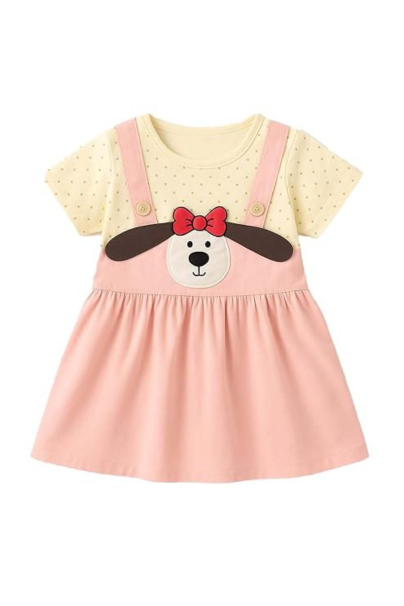 Baby Girl Cotton Dress with Polka Dot T-Shirt & Pink Pinafore – Toddler Outfit with Cute Puppy Face & Bow Design – Summer Casual