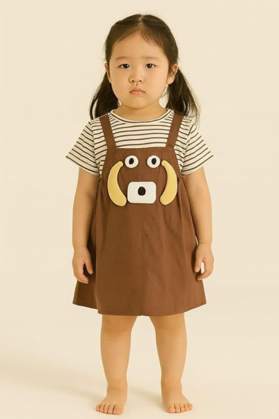 Baby Girl Cotton Dress with Striped T-Shirt & Green Pinafore – Toddler Outfit with Cute Animal Face Design – Summer Casual