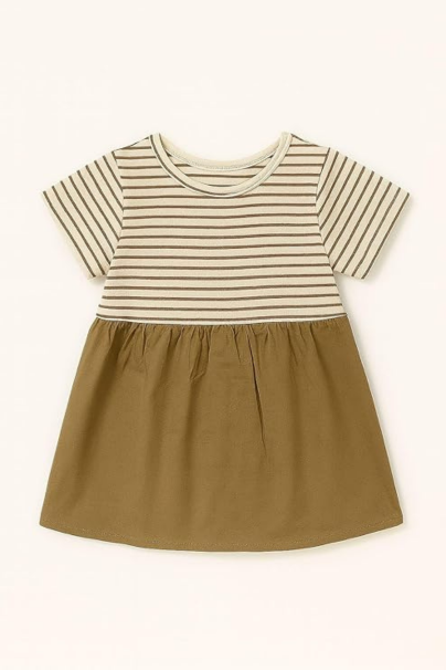 Baby Girl Cotton Dress with Striped T-Shirt & Green Pinafore – Toddler Outfit with Cute Animal Face Design – Summer Casual
