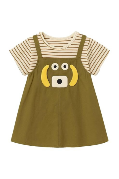 Baby Girl Cotton Dress with Striped T-Shirt & Green Pinafore – Toddler Outfit with Cute Animal Face Design – Summer Casual