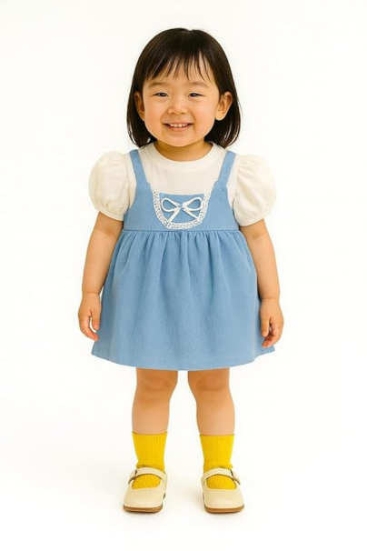 Baby Girl Blue Pinafore Dress with Cream Top – Toddler Short Puff Sleeve Outfit with Bow Detail – Cute Casual Clothing