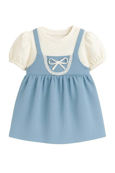 Baby Girl Blue Pinafore Dress with Cream Top – Toddler Short Puff Sleeve Outfit with Bow Detail – Cute Casual Clothing