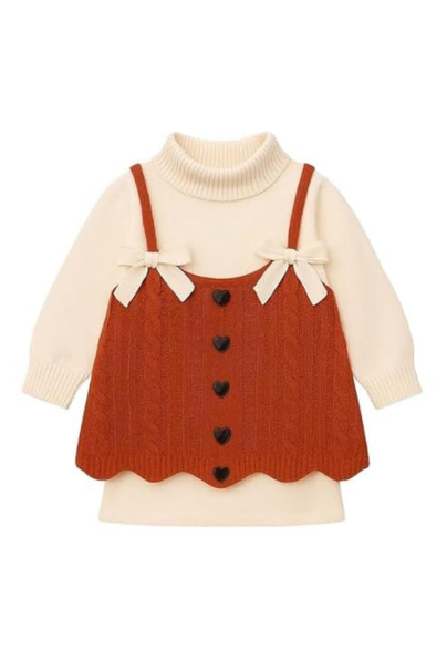 Baby Girl Winter Dress with Turtleneck Sweater & Knitted Pinafore – Toddler Outfit with Heart Buttons & Bows – Warm Long Sleeve Dress