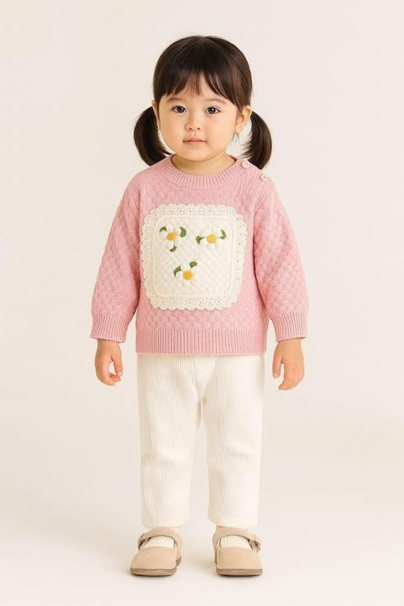 Baby Girl Pink Knitted Sweater with Daisy Embroidery – Toddler Warm Winter Pullover with Lace Detail – Cute Long Sleeve Knitwear