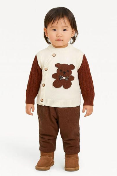 Adorable Teddy Bear Design, Soft Warm Knitwear Cardigan with Red Sleeves & Buttons | Cozy Winter Wear for Boys | Cute Woolen Baby Sweater