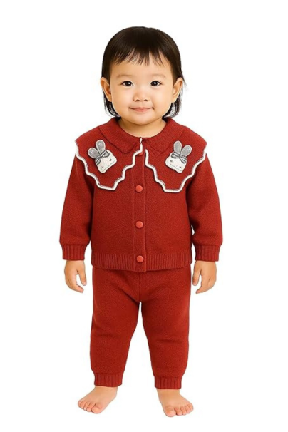 Infant Toddler Girl Red Knit Outfit - Long Sleeve Cardigan Sweater with Peter Pan Collar & Bunny Appliqus - Warm Christmas Holiday Two-Piece Set