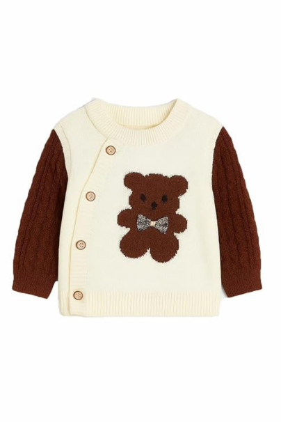 Adorable Teddy Bear Design, Soft Warm Knitwear Cardigan with Red Sleeves & Buttons | Cozy Winter Wear for Boys | Cute Woolen Baby Sweater