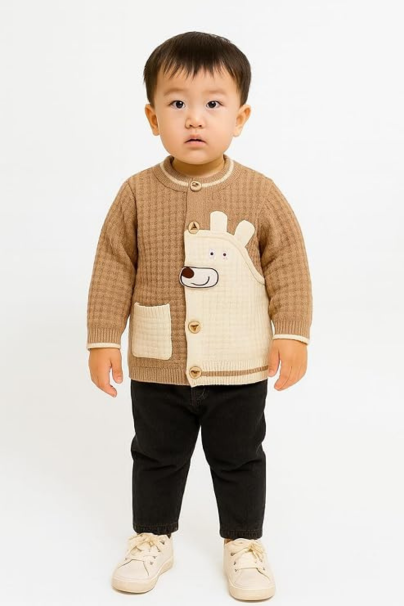 Cute Bear Face Design with Buttons, Warm Knitted Cardigan for Boys | Soft Brown & Cream Winter Wear with Pocket | Dual-Tone Woolen Baby Sweater