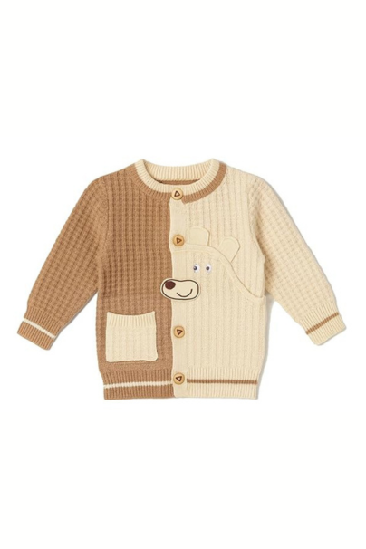 Cute Bear Face Design with Buttons, Warm Knitted Cardigan for Boys | Soft Brown & Cream Winter Wear with Pocket | Dual-Tone Woolen Baby Sweater