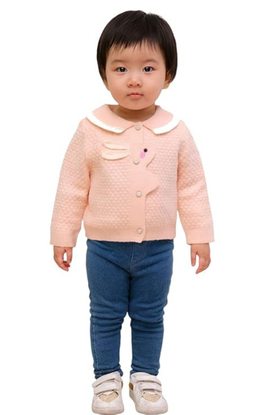 Soft Woolen Baby Girl Sweater with Cute Bunny Design | Peach Quilted Cardigan with Peter Pan Collar | Warm Winter Wear for Toddlers |Comfortable, Stylish & Easy Button Closure Knitwear