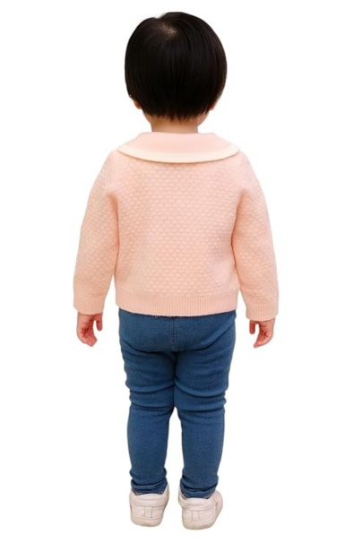 Soft Woolen Baby Girl Sweater with Cute Bunny Design | Peach Quilted Cardigan with Peter Pan Collar | Warm Winter Wear for Toddlers |Comfortable, Stylish & Easy Button Closure Knitwear
