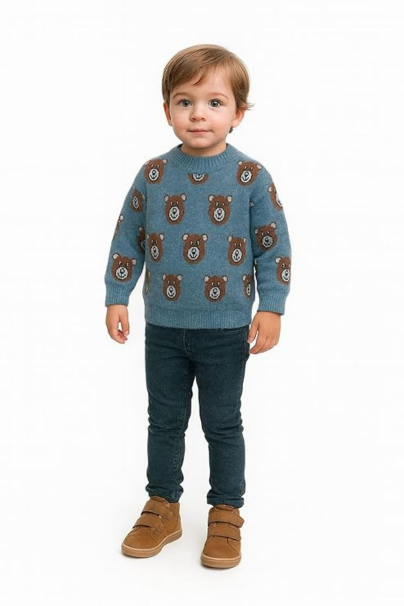 Kids Woolen Sweater Blue with Cute Bear Print | Full Sleeve Winter Knitwear Pullover