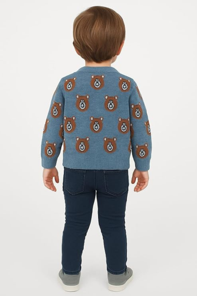 Kids Woolen Sweater Blue with Cute Bear Print | Full Sleeve Winter Knitwear Pullover