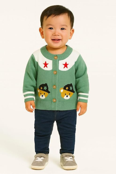 Kids Woolen Cardigan Sweater | Green Teddy Bear Print Winter Wear for Boys & Girls | Warm Full Sleeve Buttoned Knitwear