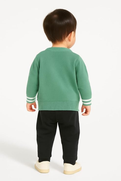 Kids Woolen Cardigan Sweater | Green Teddy Bear Print Winter Wear for Boys & Girls | Warm Full Sleeve Buttoned Knitwear