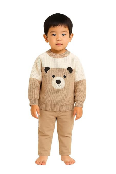 Infant Toddler Boys Striped Knit Sweater - Long Sleeve Crewneck Pullover with Cute 3D Bunny Character Appliqu - Warm & Soft Winter Pullover Sweater