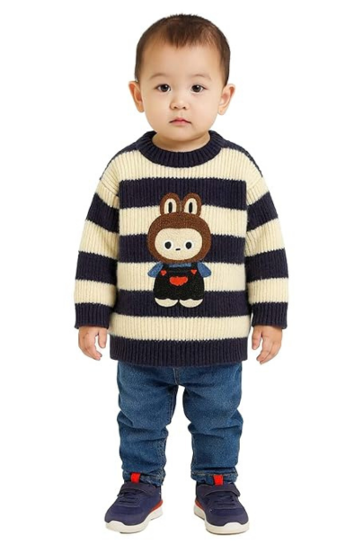 Infant Toddler Boys Striped Knit Sweater - Long Sleeve Crewneck Pullover with Cute 3D Bunny Character Appliqu - Warm & Soft Winter Sweater