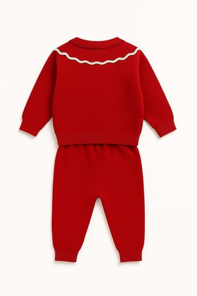 Infant Toddler Girl Red Knit Outfit - Long Sleeve Cardigan Sweater with Peter Pan Collar & Bunny Appliqus - Warm Christmas Holiday Two-Piece Set