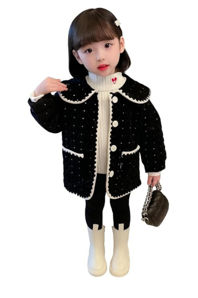 Children's Quilted Coat, Black Velvet with Sequins and Scalloped Trim, Peter Pan Collar, Button Front Jacket for Girls