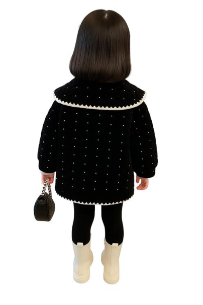 Children's Quilted Coat, Black Velvet with Sequins and Scalloped Trim, Peter Pan Collar, Button Front Jacket for Girls