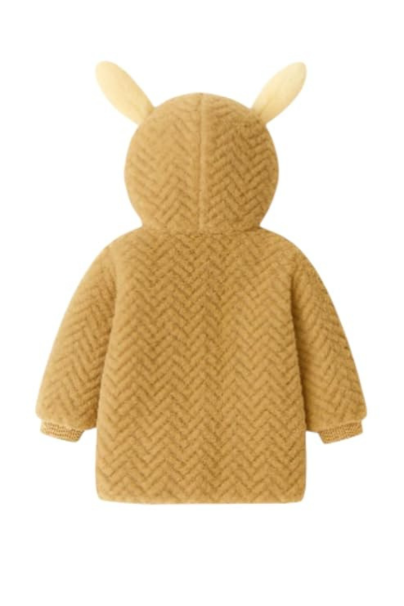 Kids Quilted Teddy Bear Hoodie Jacket, Beige Plush Fleece, Zip-Up Winter Coat with Ear Design, Front Pockets, Cartoon Patch