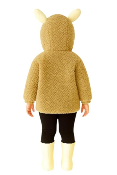 Kids Quilted Teddy Bear Hoodie Jacket, Beige Plush Fleece, Zip-Up Winter Coat with Ear Design, Front Pockets, Cartoon Patch