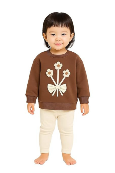Toddler Girl Flower Fleece Sweater - Brown Long Sleeve Crewneck Jumper with 3D Floral Appliqu and Decorative Bow - Warm Fall Winter Top