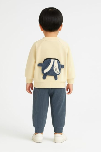 Boys Rabbit Print Sweatshirt and Pant Set | Cotton Hosiery & Ribbed Winter Outfit | Grey & Off White