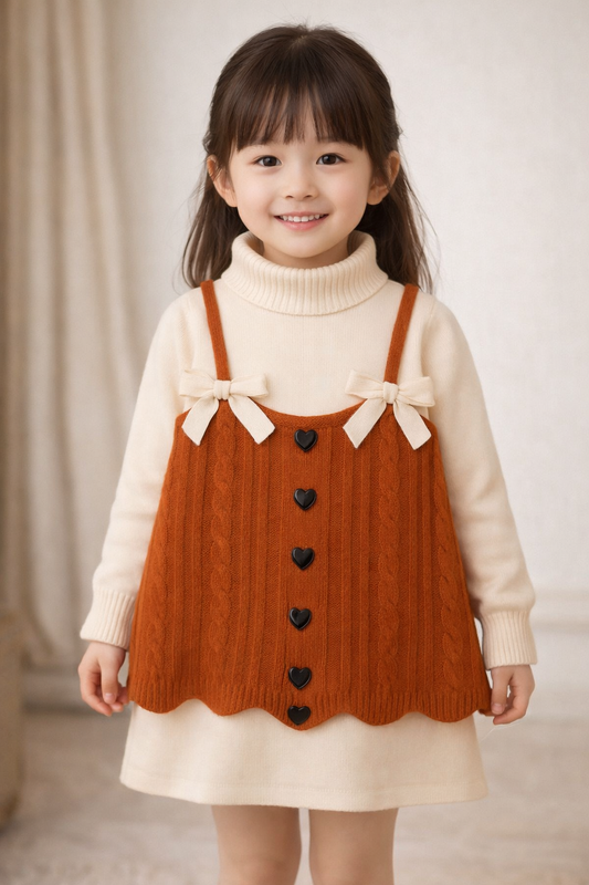 Baby Girl Winter Dress with Turtleneck Sweater & Knitted Pinafore – Toddler Outfit with Heart Buttons & Bows – Warm Long Sleeve Dress