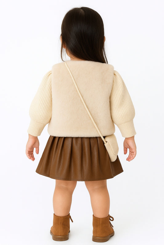 Baby Girl Winter Skirt Set – Full Sleeve Top & Flared Skirt, Wool Cotton Furr Fabric + Leather, Warm Outfit for Toddlers – Cream & Brown