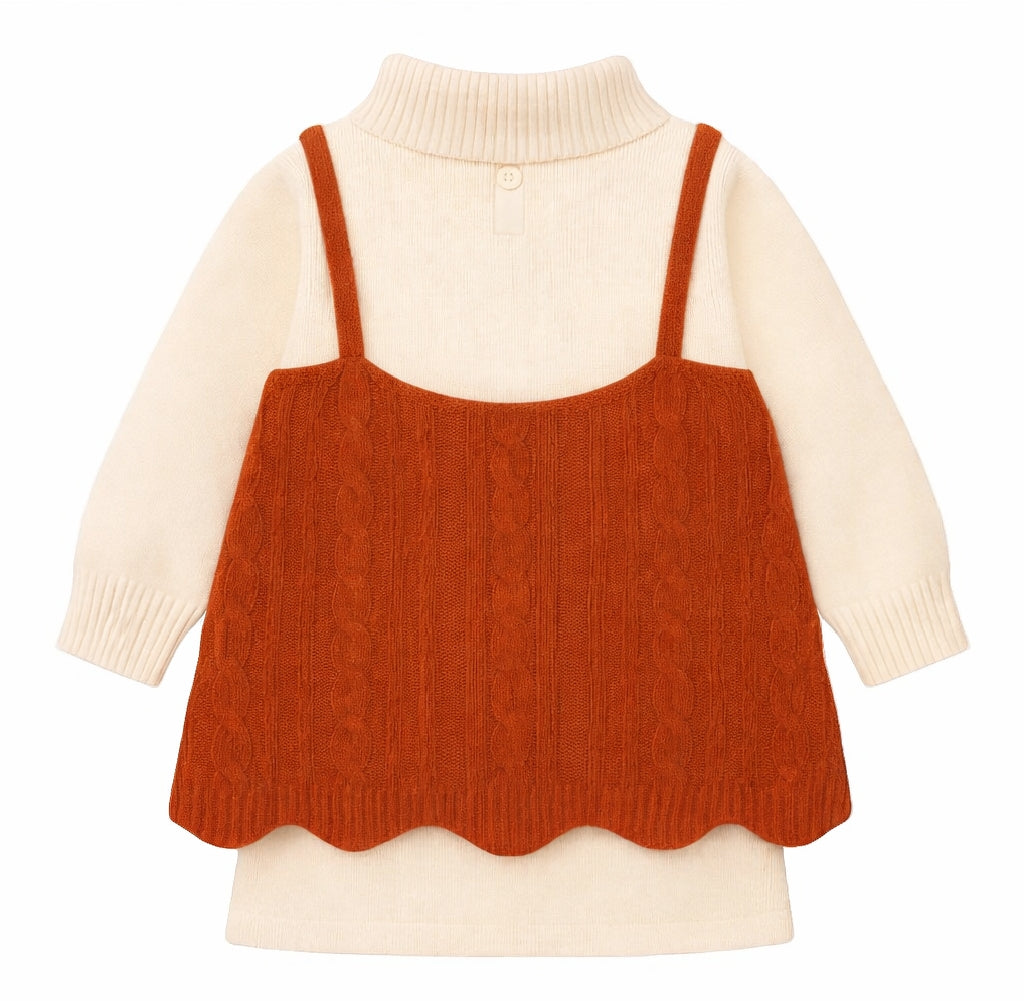 Baby Girl Winter Dress with Turtleneck Sweater & Knitted Pinafore – Toddler Outfit with Heart Buttons & Bows – Warm Long Sleeve Dress