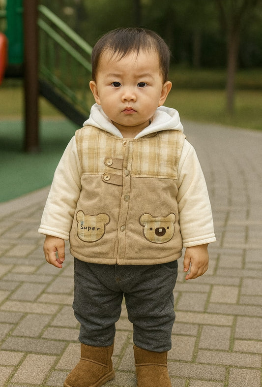 Yellow Corduroy & Cotton Knit Boy Outfit Set | Warm 3-Piece Winter Dress with Hooded Bear Jacket, Inner Top & Pants | Soft Comfortable Clothing for Toddlers | Stylish Winter Wear