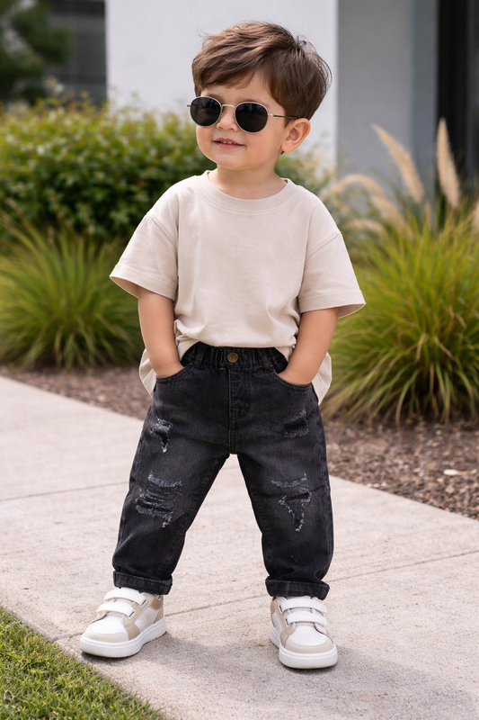 Kids’ Black Rugged Denim Jeans | Distressed Style | Comfortable & Durable Jeans for Toddlers
