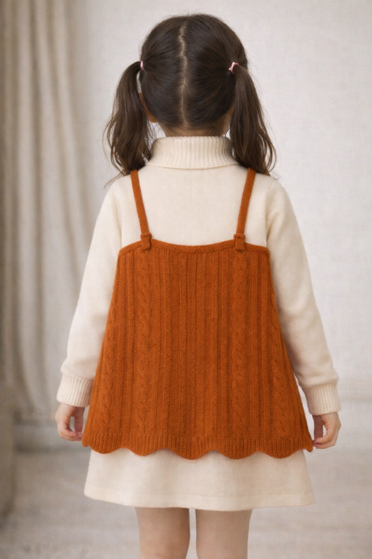 Baby Girl Winter Dress with Turtleneck Sweater & Knitted Pinafore – Toddler Outfit with Heart Buttons & Bows – Warm Long Sleeve Dress