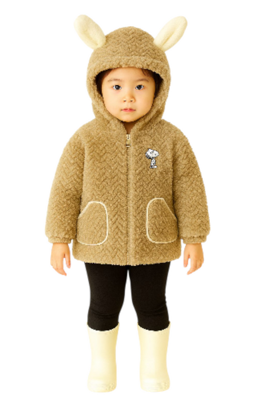 Kids Quilted Teddy Bear Hoodie Jacket, Beige Plush Fleece, Zip-Up Winter Coat with Ear Design, Front Pockets, Cartoon Patch